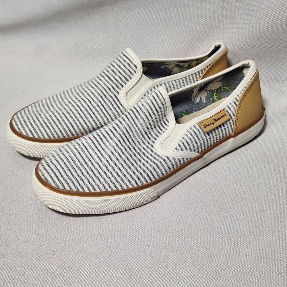 Tommy Bahama Stripe Sailor Canvas Shoes Size 9 Blue White Slip On Sneakers